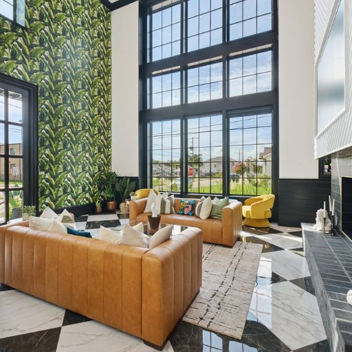 grey soft area rug in a large living room with checkered tile floors, accent wall, and big windows