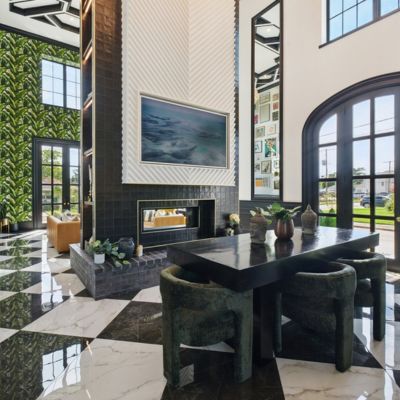 checkered tile floor installation in large dining room
